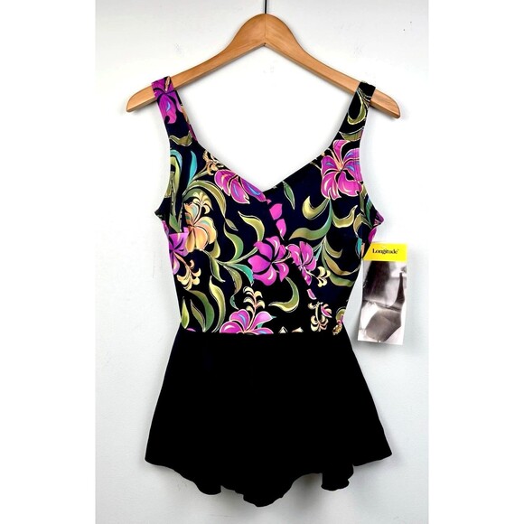 NWT Longitude Women’s Sz 14 Floral Swimsuit Swimdress Black Skirt - Picture 1 of 4
